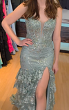 Soft Green Spaghetti Straps Mermaid Tulle Sequin Long Prom Dresses Formal Evening Gowns HZ1024