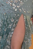 Soft Green Spaghetti Straps Mermaid Tulle Sequin Long Prom Dresses Formal Evening Gowns HZ1024