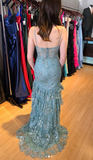 Soft Green Spaghetti Straps Mermaid Tulle Sequin Long Prom Dresses Formal Evening Gowns HZ1024
