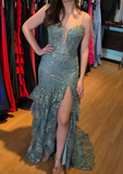 Soft Green Spaghetti Straps Mermaid Tulle Sequin Long Prom Dresses Formal Evening Gowns HZ1024