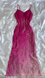 Fuchsia Spaghetti Straps Sheath Chiffon Beading Long Prom Dresses Vintage Evening Gowns HZ1024
