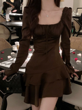 Tea Break Square Neck Ruffled Skirt Dress HZ1024
