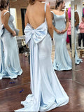 Light Blue Square Neck Mermaid Satin Long Prom Dresses Formal Backless Evening Gowns with Bow HZ1024