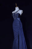Navy Blue One Shoulder Mermaid Glitter Satin Long Prom Dresses Formal Evening Gowns with Open Back HZ1024
