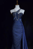 Navy Blue One Shoulder Mermaid Glitter Satin Long Prom Dresses Formal Evening Gowns with Open Back HZ1024