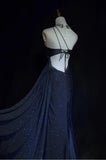 Navy Blue One Shoulder Mermaid Glitter Satin Long Prom Dresses Formal Evening Gowns with Open Back HZ1024