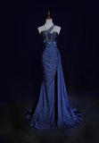 Navy Blue One Shoulder Mermaid Glitter Satin Long Prom Dresses Formal Evening Gowns with Open Back HZ1024
