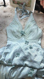 Grey Blue V Neck Sheath Satin Prom Dresses Fashion Party Dress with Applique HZ1024