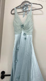 Grey Blue V Neck Sheath Satin Prom Dresses Fashion Party Dress with Applique HZ1024