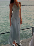 Grey Blue V Neck Sheath Satin Prom Dresses Fashion Party Dress with Applique HZ1024