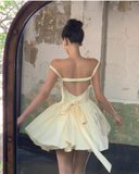 Yellow Spaghetti Straps A-Line Satin Short Party Dress Homecoming Dress HZ1024