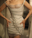 Silver Off Shoulder Bodycon Lace Rhinestone Short Party Dress Homecoming Dress HZ1024