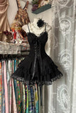 Spaghetti Straps Black A-Line Tulle Lace Short Prom Dresses Homecoming Dresses HZ1024