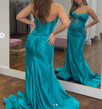 Turquoise Sweetheart Mermaid Satin Long Prom Dresses Formal Evening Gowns HZ1024