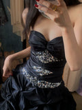 Black Strapless A-Line Satin Long Prom Dresses Formal Evening Gowns HZ1024