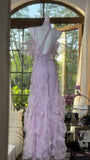 Light Taro Purple V-neck Sheath Tulle Lace Long Prom Dresses Formal Evening Gowns with Open Back HZ1024