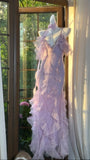 Light Taro Purple V-neck Sheath Tulle Lace Long Prom Dresses Formal Evening Gowns with Open Back HZ1024