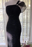 Black One Shoulder Mermaid Chiffon Long Prom Dresses Formal Evening Gowns with Beading HZ1024