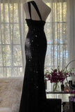 Black One Shoulder Mermaid Chiffon Long Prom Dresses Formal Evening Gowns with Beading HZ1024
