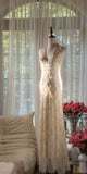 V-neck Sheath Chiffon Long Prom Dresses Vintage Backless Evening Gowns with Beading HZ1024