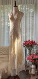 V-neck Sheath Chiffon Long Prom Dresses Vintage Backless Evening Gowns with Beading HZ1024