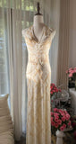 V-neck Sheath Chiffon Long Prom Dresses Vintage Backless Evening Gowns with Beading HZ1024