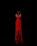 Red Spaghetti Straps Mermaid Chiffon Long Prom Dresses Vintage Evening Gowns with Beading HZ1024