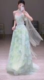 Strapless Green A-Line Birthday Dress Tulle Long Prom Dresses Elegant Evening Gowns with Beading HZ1024