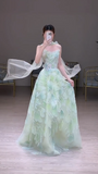 Strapless Green A-Line Birthday Dress Tulle Long Prom Dresses Elegant Evening Gowns with Beading HZ1024