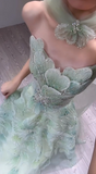 Strapless Green A-Line Birthday Dress Tulle Long Prom Dresses Elegant Evening Gowns with Beading HZ1024
