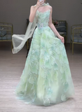 Strapless Green A-Line Birthday Dress Tulle Long Prom Dresses Elegant Evening Gowns with Beading HZ1024