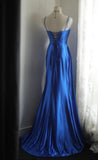Blue Spaghetti Straps Mermaid Satin Long Prom Dresses Formal Evening Gowns HZ1024