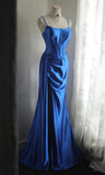 Blue Spaghetti Straps Mermaid Satin Long Prom Dresses Formal Evening Gowns HZ1024