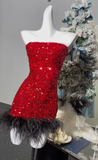 Blue Strapless A-Line Sequin Short Party Dresses Homecoming Dresses HZ1024