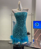 Blue Strapless A-Line Sequin Short Party Dresses Homecoming Dresses HZ1024