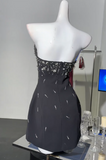 Black Strapless Sheath Satin Beaded Short Party Dresses Homecoming Dresses HZ1024