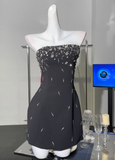 Black Strapless Sheath Satin Beaded Short Party Dresses Homecoming Dresses HZ1024