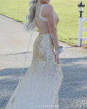 Blue V-neck Sheath Sequins Long Prom Dresses Formal Backless Evening Gowns with Slits HZ1024