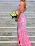 Blue V-neck Sheath Sequins Long Prom Dresses Formal Backless Evening Gowns with Slits HZ1024