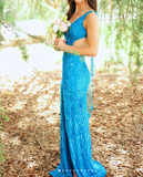 Blue V-neck Sheath Sequins Long Prom Dresses Formal Backless Evening Gowns with Slits HZ1024