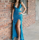 Blue V-neck Sheath Sequins Long Prom Dresses Formal Backless Evening Gowns with Slits HZ1024