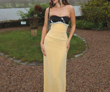 Yellow Strapless Sheath Satin Beaded Long Prom Dresses Formal Evening Gowns HZ1024