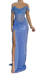 Grey Blue Off Shoulder Sheath Glitter Satin Long Prom Dresses Formal Evening Gowns with Slits HZ1024