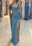Grey Blue Off Shoulder Sheath Glitter Satin Long Prom Dresses Formal Evening Gowns with Slits HZ1024