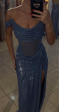 Grey Blue Off Shoulder Sheath Glitter Satin Long Prom Dresses Formal Evening Gowns with Slits HZ1024