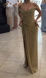 Grey Blue Off Shoulder Sheath Glitter Satin Long Prom Dresses Formal Evening Gowns with Slits HZ1024