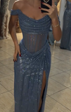 Grey Blue Off Shoulder Sheath Glitter Satin Long Prom Dresses Formal Evening Gowns with Slits HZ1024