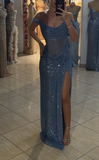 Grey Blue Off Shoulder Sheath Glitter Satin Long Prom Dresses Formal Evening Gowns with Slits HZ1024