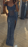 Grey Blue Off Shoulder Sheath Glitter Satin Long Prom Dresses Formal Evening Gowns with Slits HZ1024