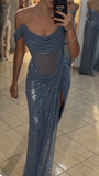 Grey Blue Off Shoulder Sheath Glitter Satin Long Prom Dresses Formal Evening Gowns with Slits HZ1024